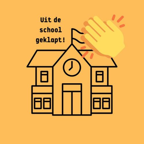 Logo van Uit de school geklapt: een oranje achtergrond met een schoolgebouw in zwarte lijnen en de emoticon van klappende handen. 