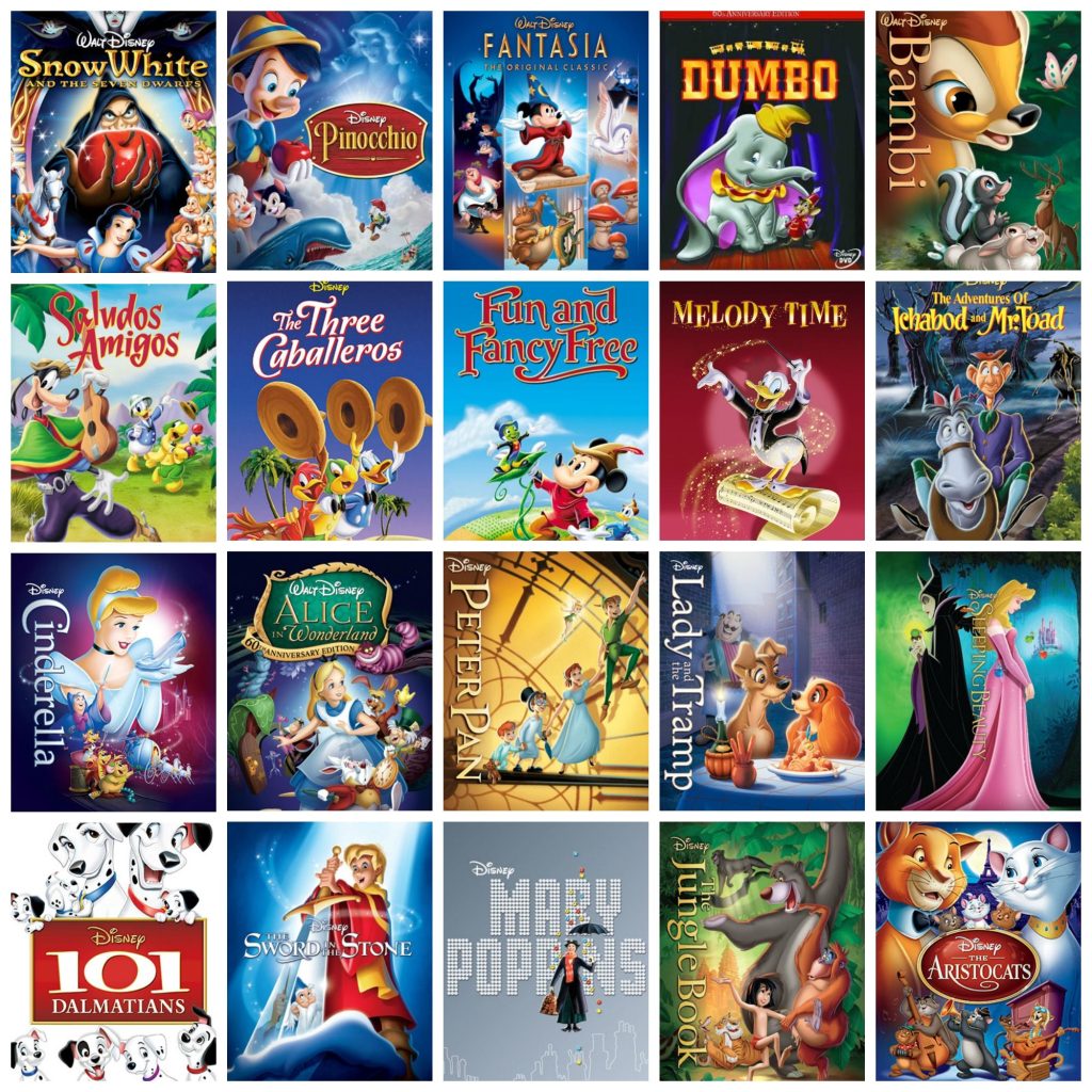 Een verzameling dvd-hoezen van diverse Disney Classics, waaronder de films uit dit artikel Kinderfilms en Disney+