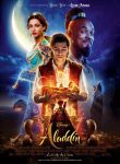 Poster voor de film Aladdin met real-life acteurs: Aladdin, de geest en Jasime groot in beeld voor een volle maan, daaronder klein Jafar.