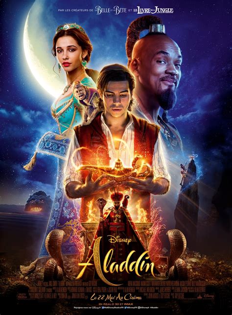 Poster voor de film Aladdin met real-life acteurs: Aladdin, de geest en Jasime groot in beeld voor een volle maan, daaronder klein Jafar.