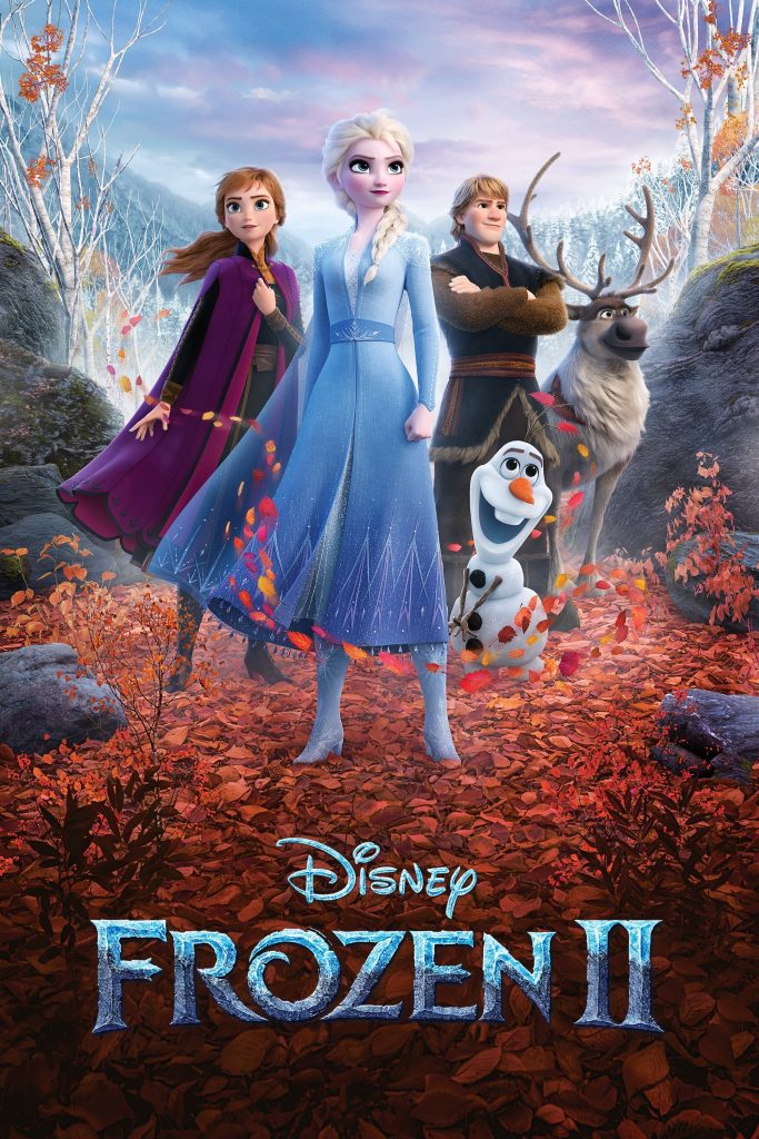 Poster van Frozen II: Elsa, Anna, Olav, Sven en Kristoff staan in een herfstig landschap.