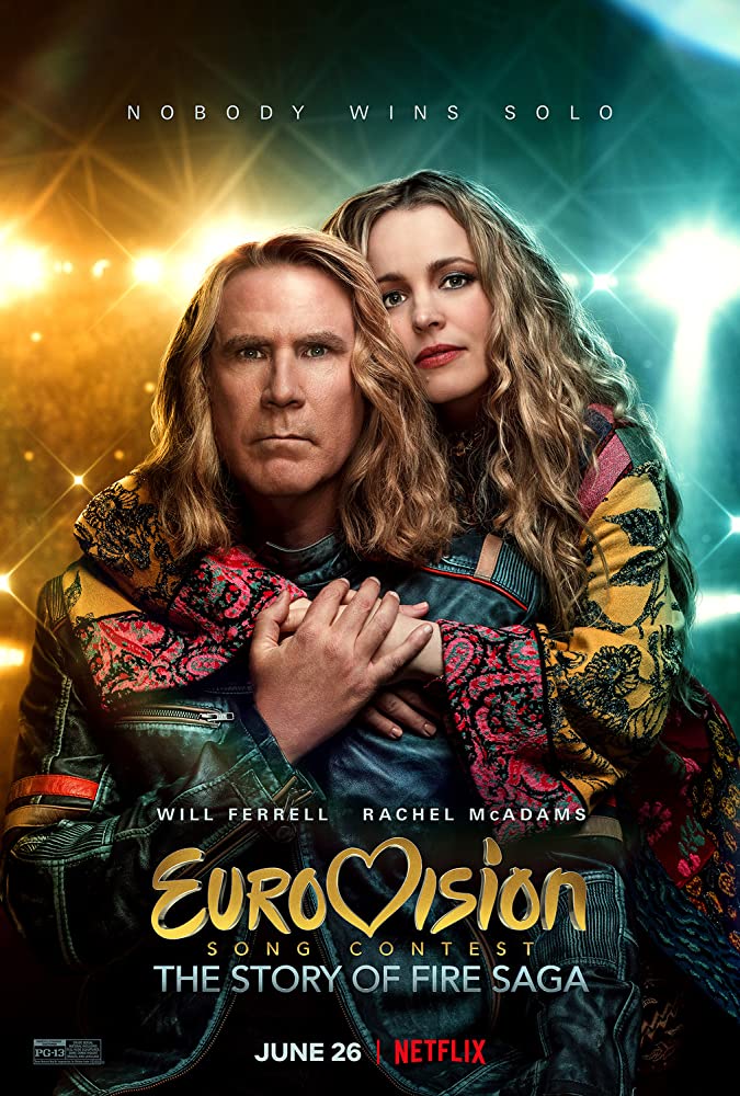 Filmposter van Eurovision Song Contest: The Story of Fire Saga: de twee zangers van de band Fire Saga kijken je aan in kleurrijke kleding.