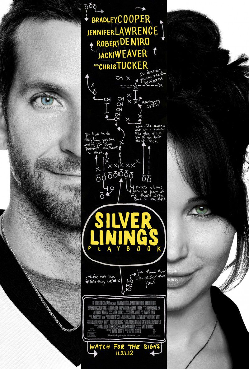 Filmposter van Silver linings playbook: een verticale zwarte balk, links een deel van het gezicht van de mannelijke hoofdrolspeler, rechts de vrouwelijke. Zwart-witfoto's, enkel met een blauw/groen oog. In de zwarte balk diverse tekens en letters en de titel.