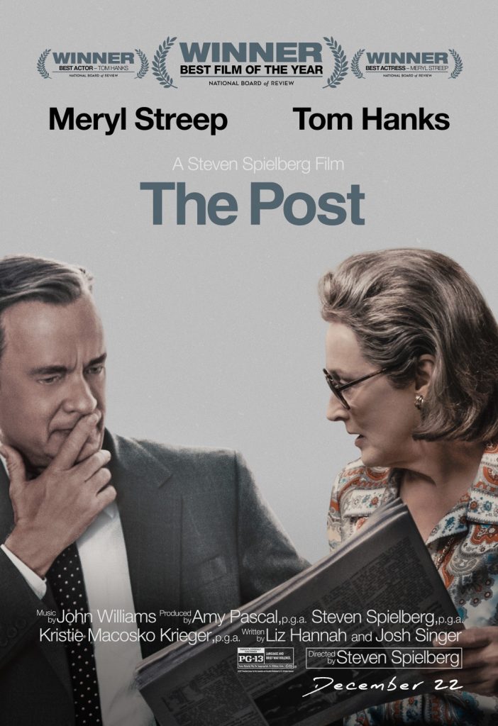 Filmposter van The Post: de personages van Tom Hanks en Meryl Streep zijn in gesprek tegen een witte achtergrond.