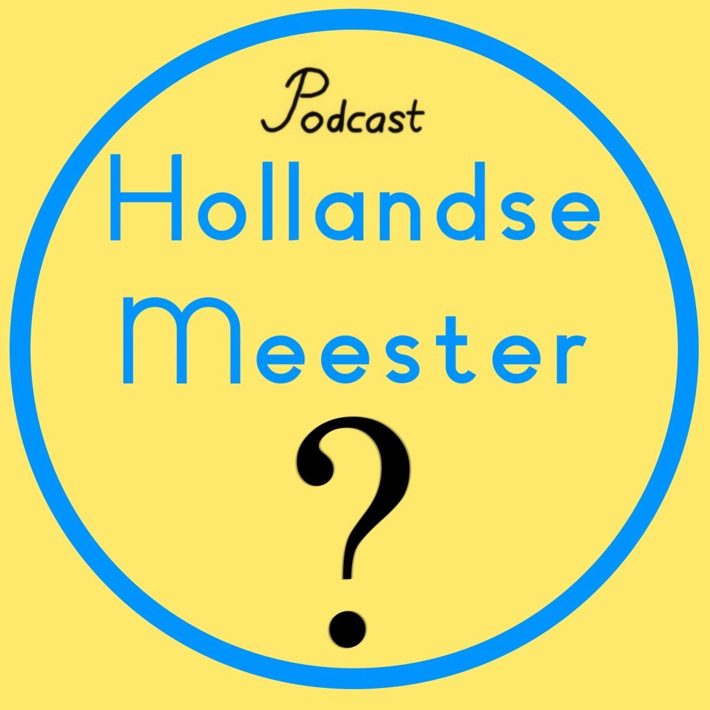 Logo van Hollandse Meester: lichtgele achtergrond, lichtblauwe cirkel met erin de titel in lichtblauw en een zwart vraagteken.