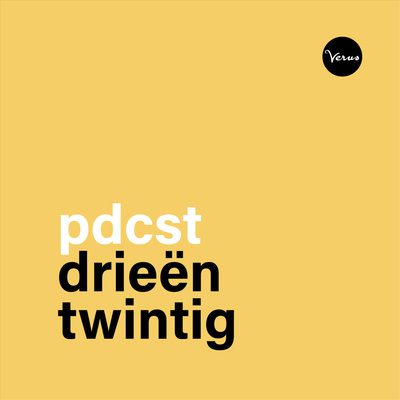 Logo van Podcast drieëntwintig: gele achtergrond, in wit de letters p-d-c-s-t en uitgeschreven in zwarte letters het woord 23.