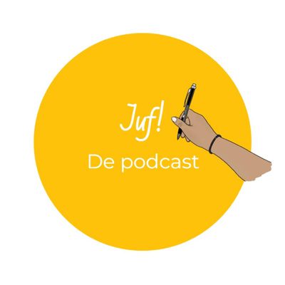 Logo van Juf! De podcast. Witte achtergrond, gele cirkel met erin de foto van een hand met een pen en de titel in wit.