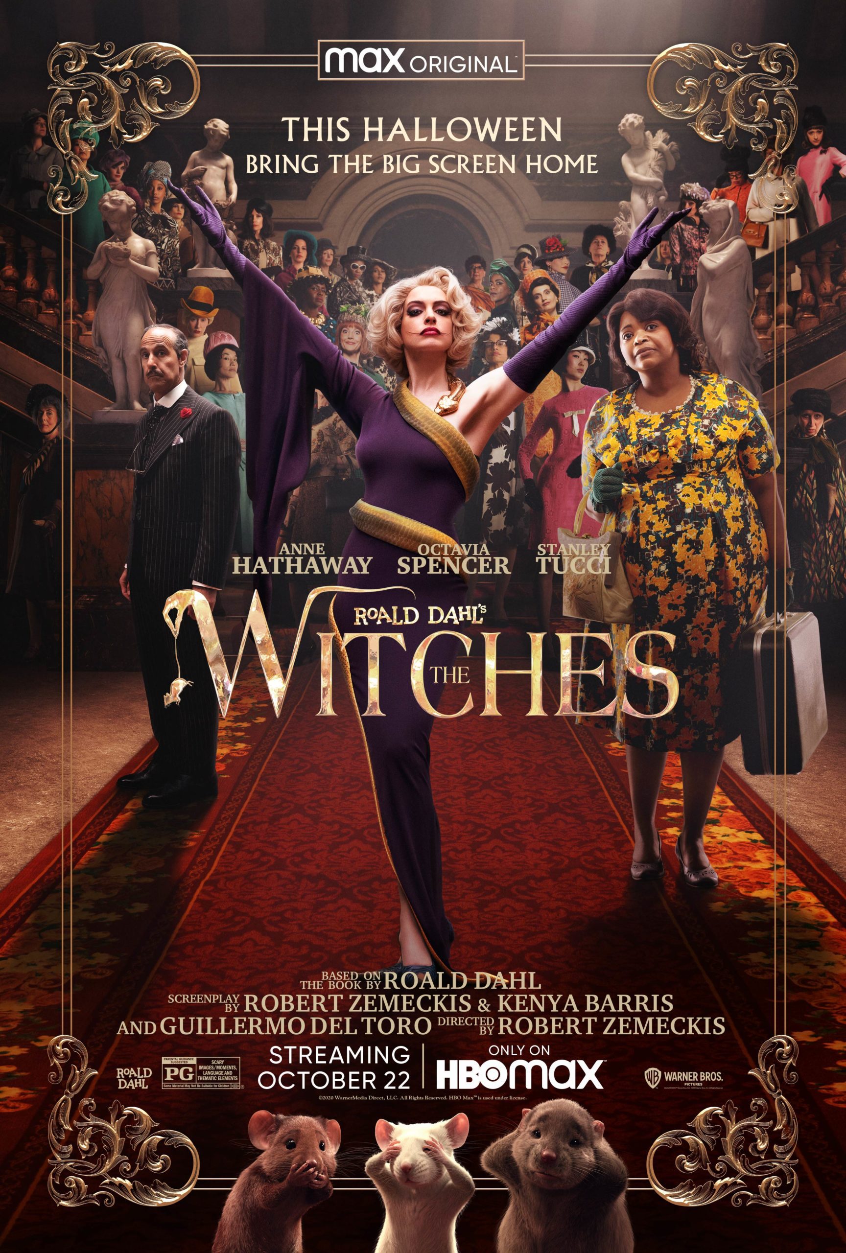 Poster van The Witches: middenin beeld de hoofdheks met haar handen omhoog uitgestrekt en een gouden slang om haar lijf gewikkeld, daarachter op een centrale barokken trap de andere hoofdrolspelers en daarachter de ander heksen. Onder in beeld drie muizen.