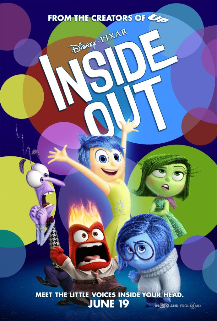 Filmposter van Inside Out waarop de 3D-geanimeerde personages (de emoties) staan afgebeeld in een decor van gekleurde cirkels.