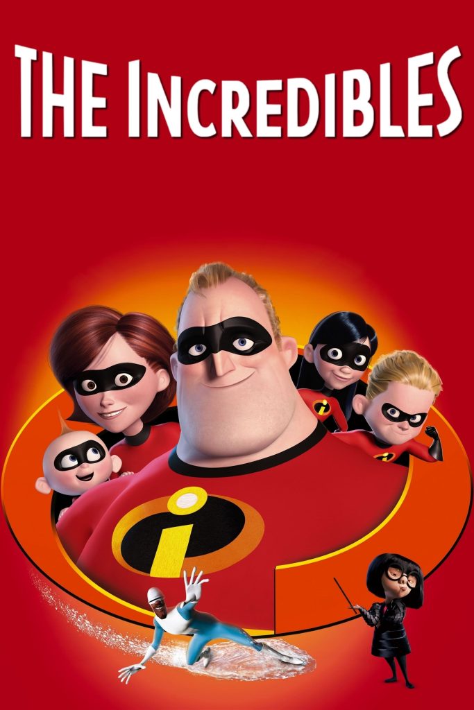 Poster van The Incredibles: in een oranje cirkel uit het logo van de superhelden staat het gezin van The Incredibles in superheldenkostuum. 