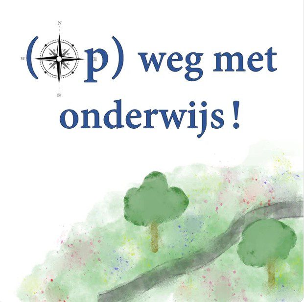 Logo van Op weg met onderwijs! Witte achtergrond met rechtsonder een waterverftekening van een graslandschap met twee bomen en een weg.