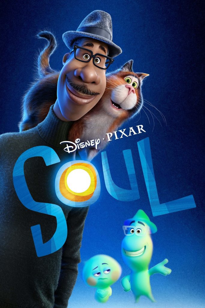 3D-geanimeerde poster van Soul, waarop een zwarte muzikant met een kat op zijn schouder de kijker aankijkt. Naast hem staan twee groene vriendelijke spookachtige figuren.