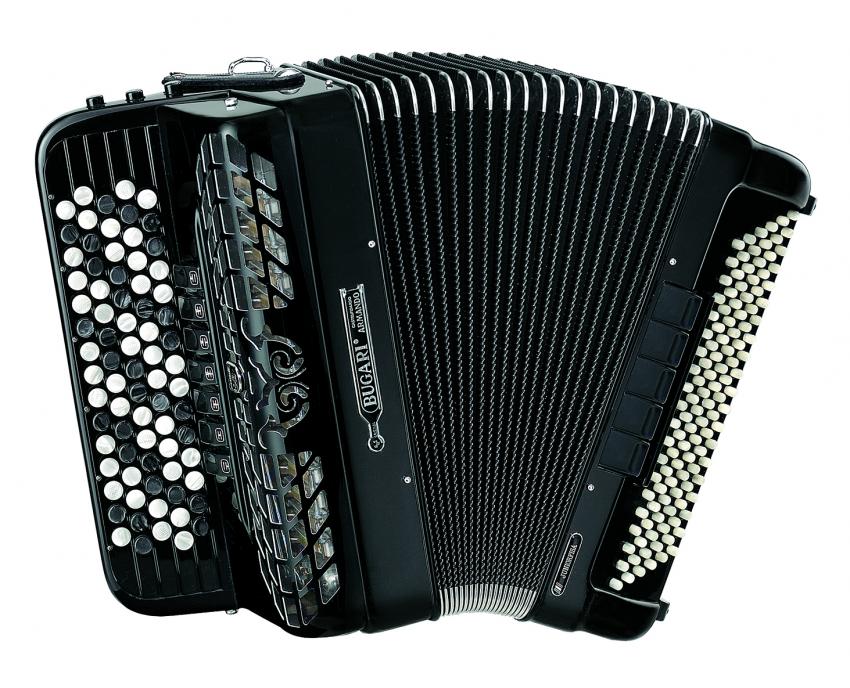 Foto van een zwarte knoppenaccordeon.