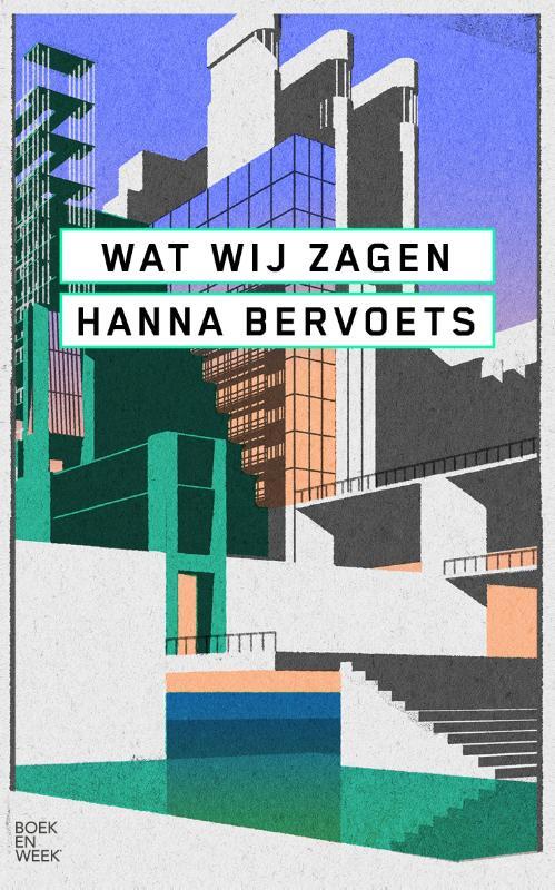 Kaft van Wat wij zagen: strak getekende reeks hoge flatgebouwen met ervoor een trap en vijver. Alles is hoekig, vierkant en recht. Kleurstelling: zachte blauw-, groen- en oranjetinten