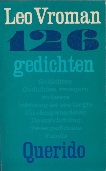 Kaft van 126 gedichten van Leo Vroman. turqoise kaft met enkel tekst in blauwtinten met de titels waaruit de bundel is samengsteld.