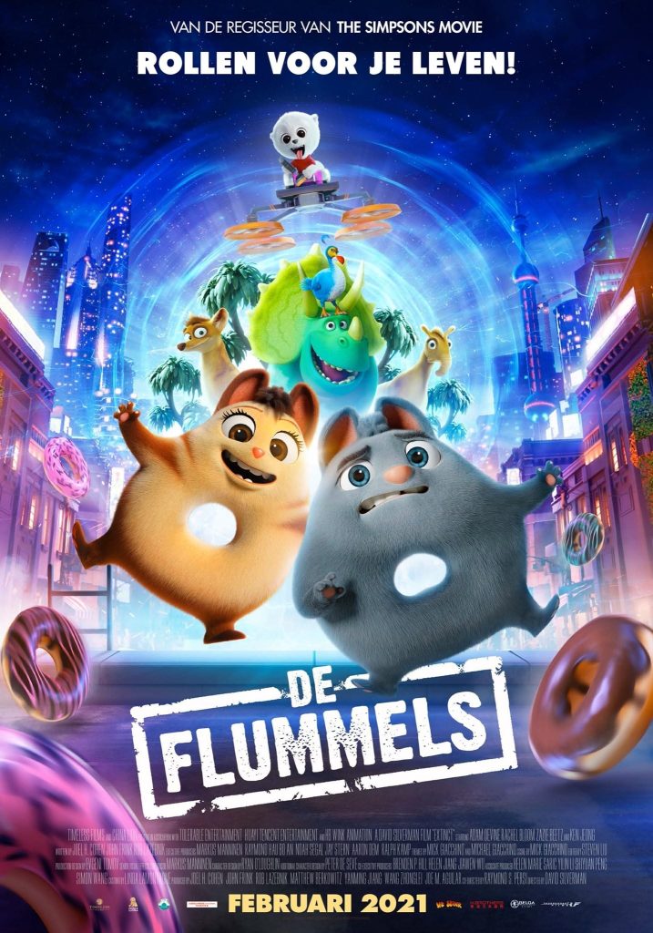 Poster van Extinct/De Flummels waarop we twee donutvormige beesten zien, met daarachter een verzameling fantasiedieren in de setting va een grote stad.