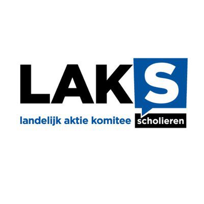 Logo van het LAKS: de S staat in een blauw vlak vormgegeven als vierkante spreekballon. Onder het woord LAKS de naam uitgeschreven: landelijk aktie komitee scholieren.