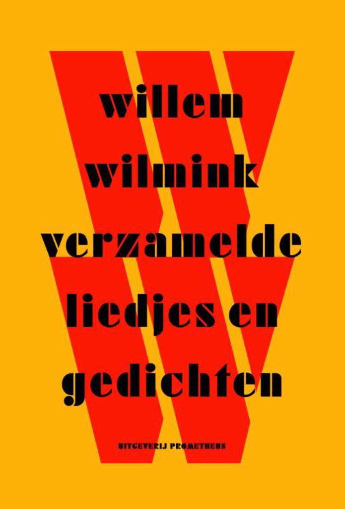 Kaft van Verzamelde gedichten en liedjes van Willem Wilmink: gele kaft met twee grote rode letters W boven elkaar en daaroverheen in zwart de auteur en titel.