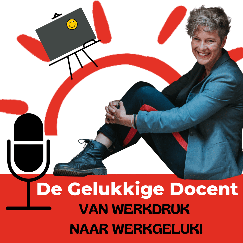 Logo van de Gelukkige Docent: de maakster zit op een rode baan met de titel. Eromheen iconen van een podcastmicrofoon, schoolbord en zon.