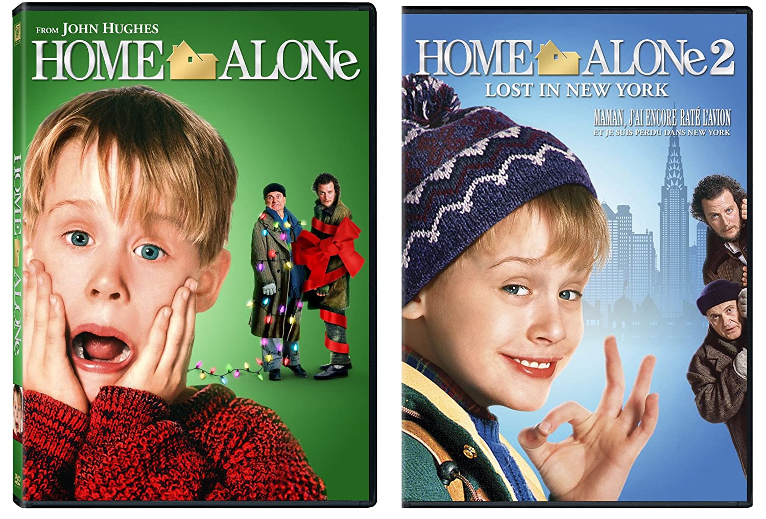 De VHS-hoezen van Home Alone 1 en 2. Op beide zie je Kevin groot in beeld en de twee inbrekers op de achtergrond. Deel 1 is groen, deel 2 is blauw met een wazige skyline van New York op de achtergrond.