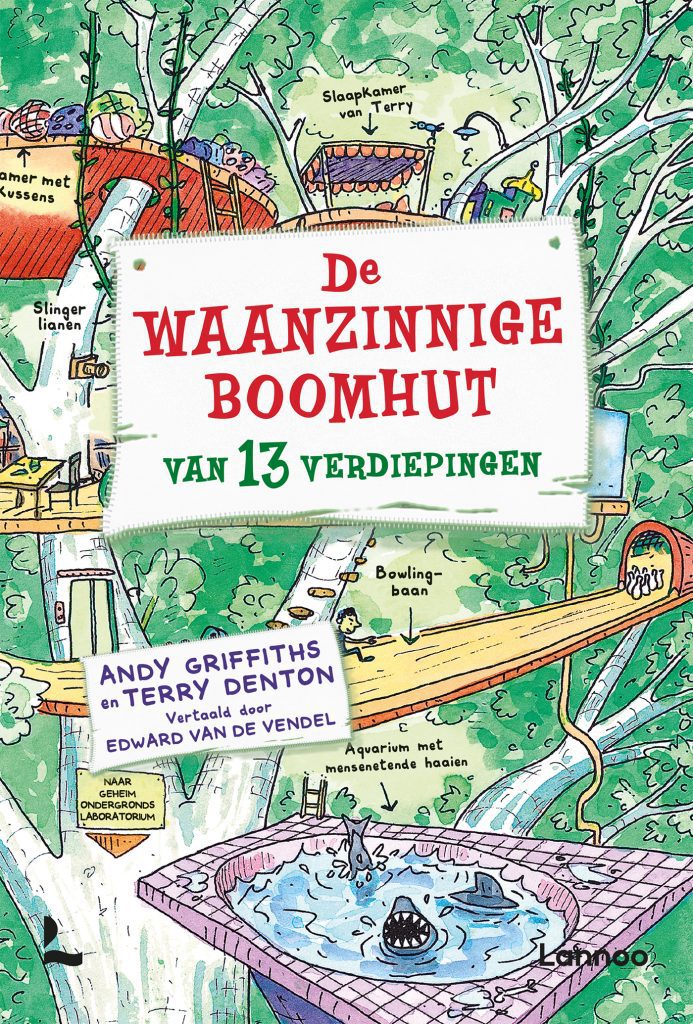 Getekende kaft van De waanzinnige boomhut van 13 verdiepingen waarom een boom te zien is vol in blad, met onder andere een haaienaquarium en een bowlingbaan.