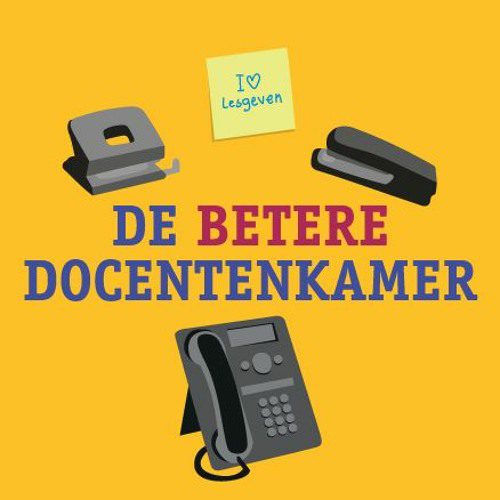 Logo van de Betere Docentenkamer: donkergele achtergrond met om de titel een telefoon, nietmachine, perforator en een geeltje.