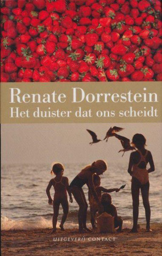 Kaft van het boek Het duister dat ons scheidt met onderaan een foto van enkele kinderen die spelen op het strand met wat vliegende meeuwen op de achtergrond. Daarboven de titel en daarboven een foto van een heleboel aardbeien.