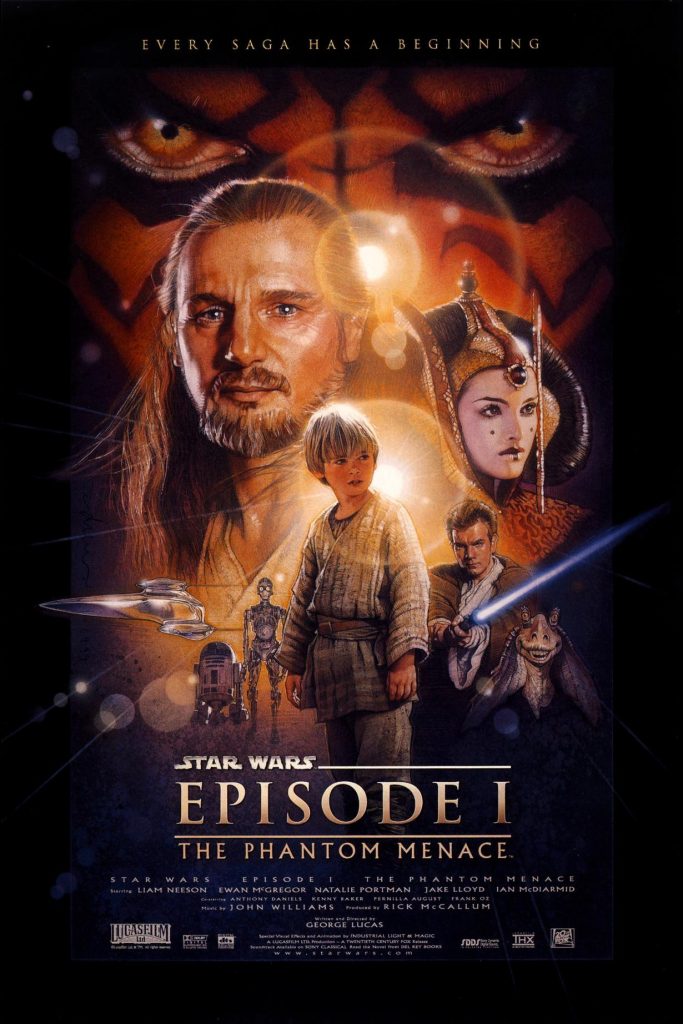 Filmposter van Star Wars: The Phantom Menace met op de achtergrond Darth Sith en daarvoor de gezichten van de andere personages in een tekenachtige stijl die is afgeleid van foto's. 