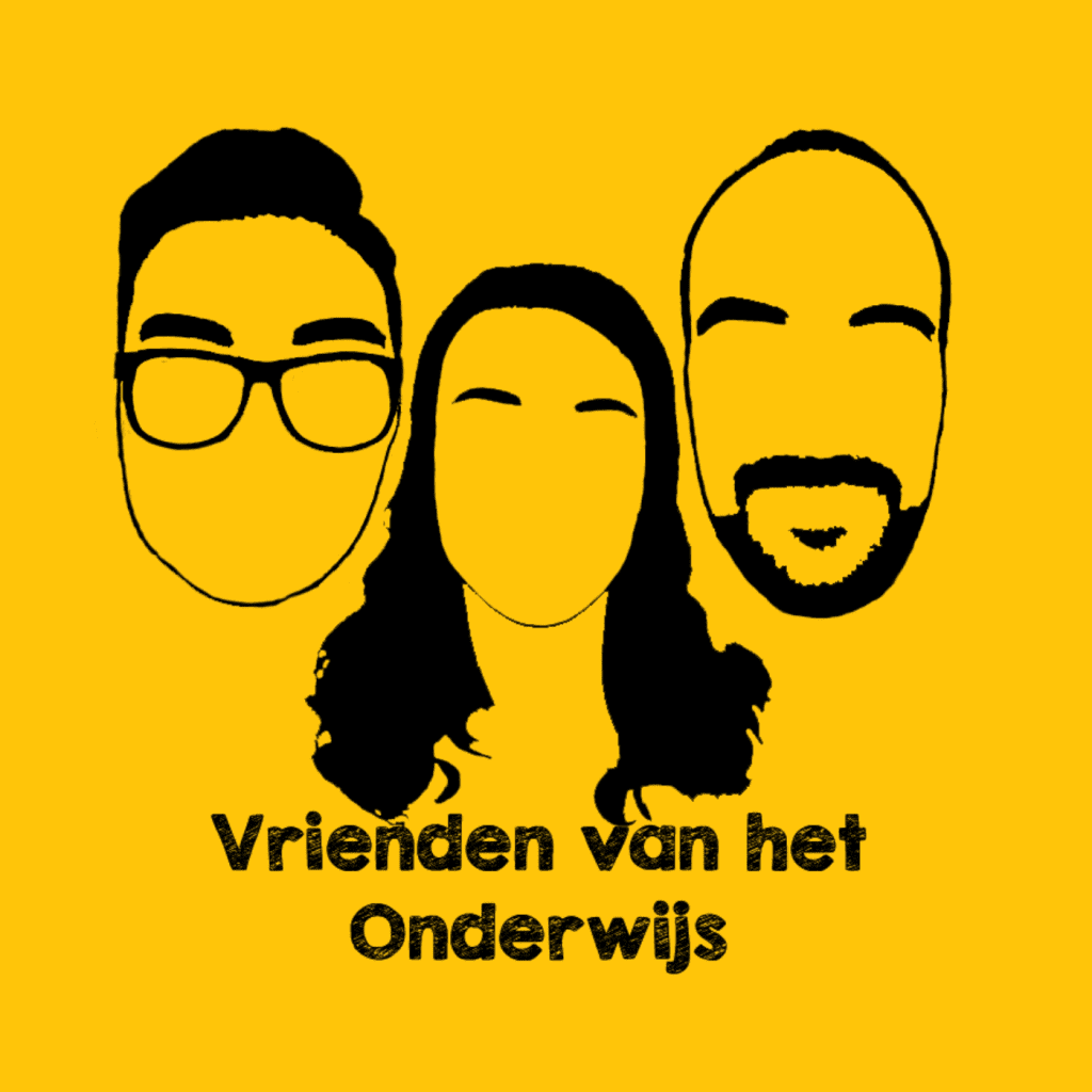 Logo van Vrienden van het onderwijs: warmgele achtergrond met een lijntekening van de drie makers waarbij één opvallend uiterlijk kenmerk is uitgelicht: een bril, lang haar en een baard.