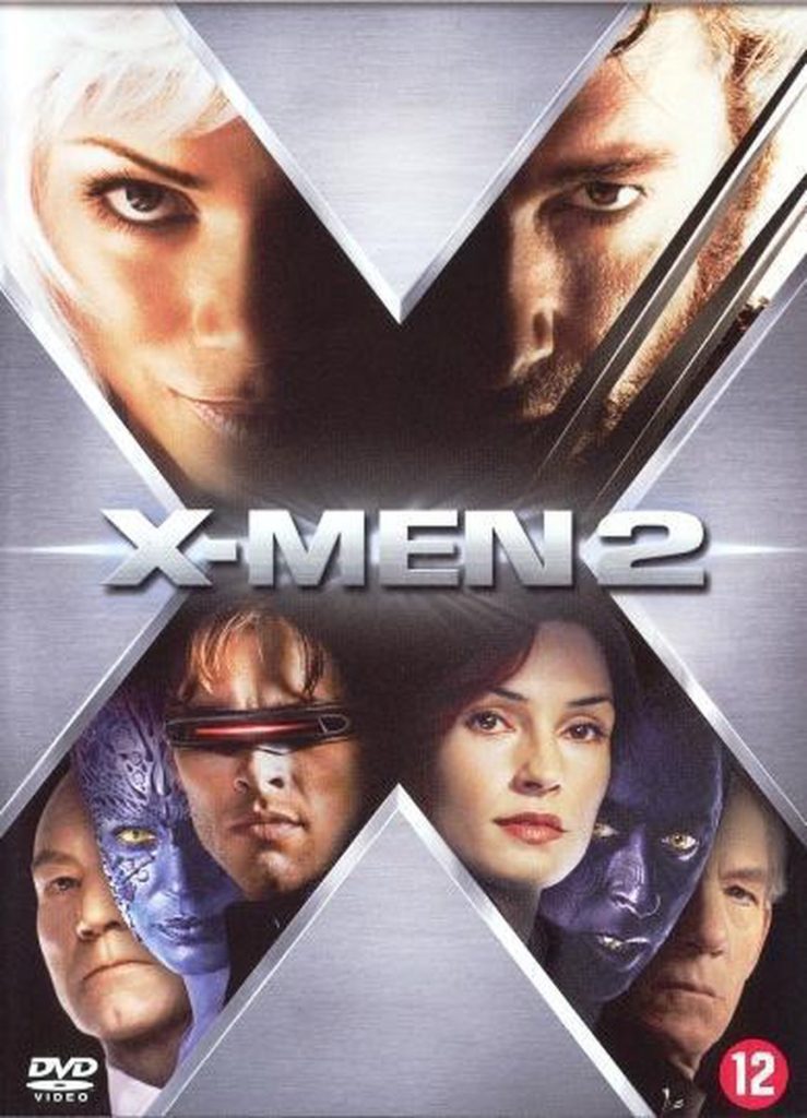 Poster van X-men 2. Een X uitgesneden uit een metalig grijzen vlak laat de hoofden van de hoofdrolspelers zien. 