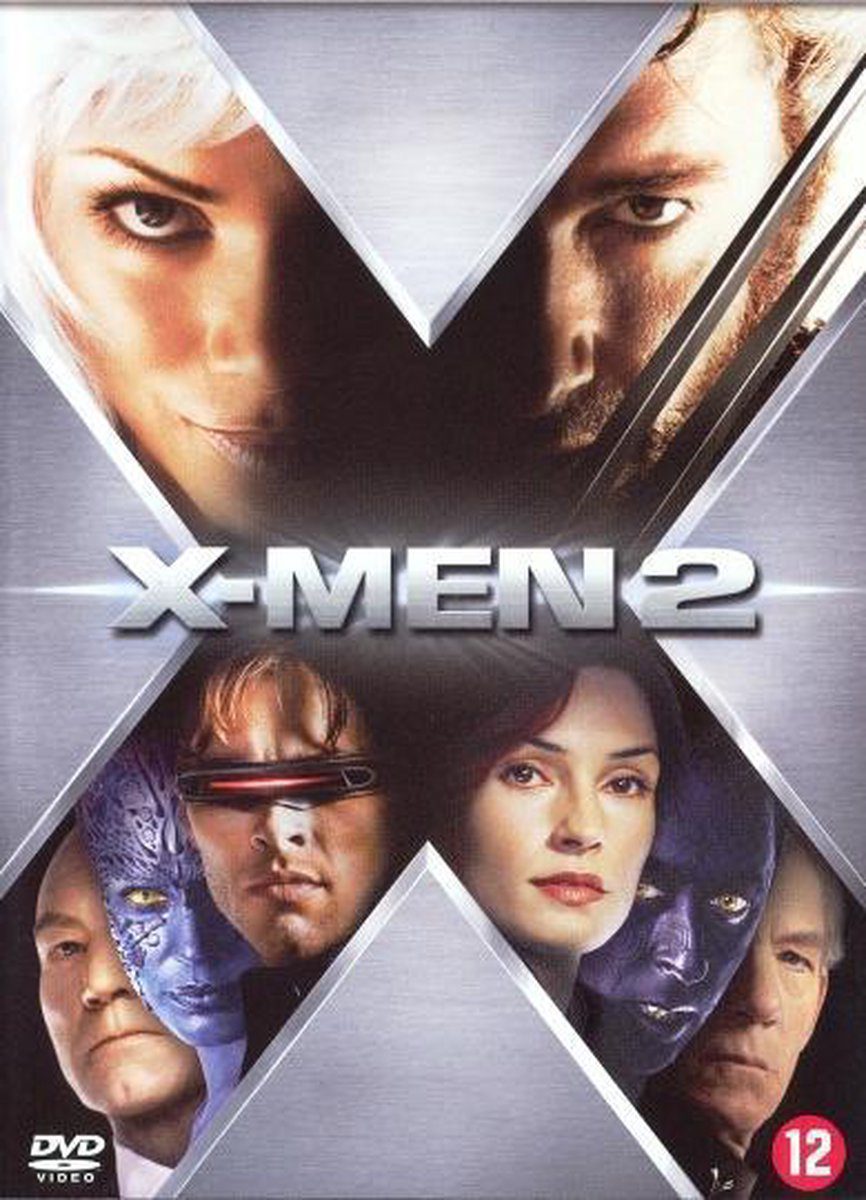 Poster van X-men 2. Een X uitgesneden uit een metalig grijzen vlak laat de hoofden van de hoofdrolspelers zien.