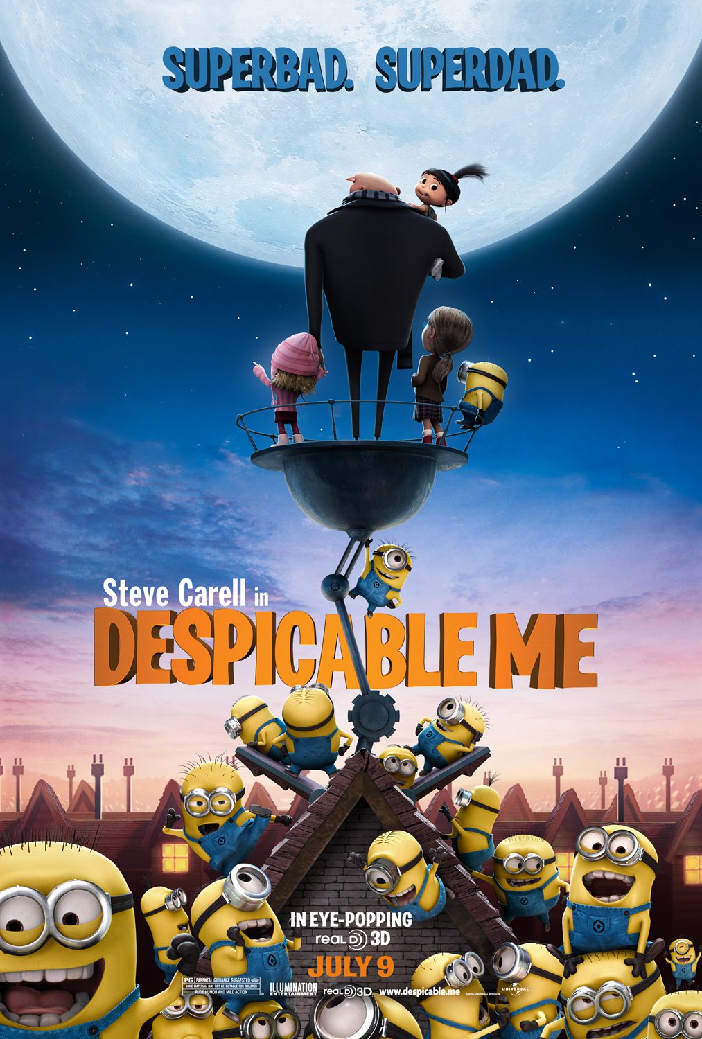 Poster van Despicable me: een man staat met twee kinderen op een plateau naar de maan te kijken. Daaronder een groep minions: gele pilvormige mannetjes met werkbril en een blauwe overal.