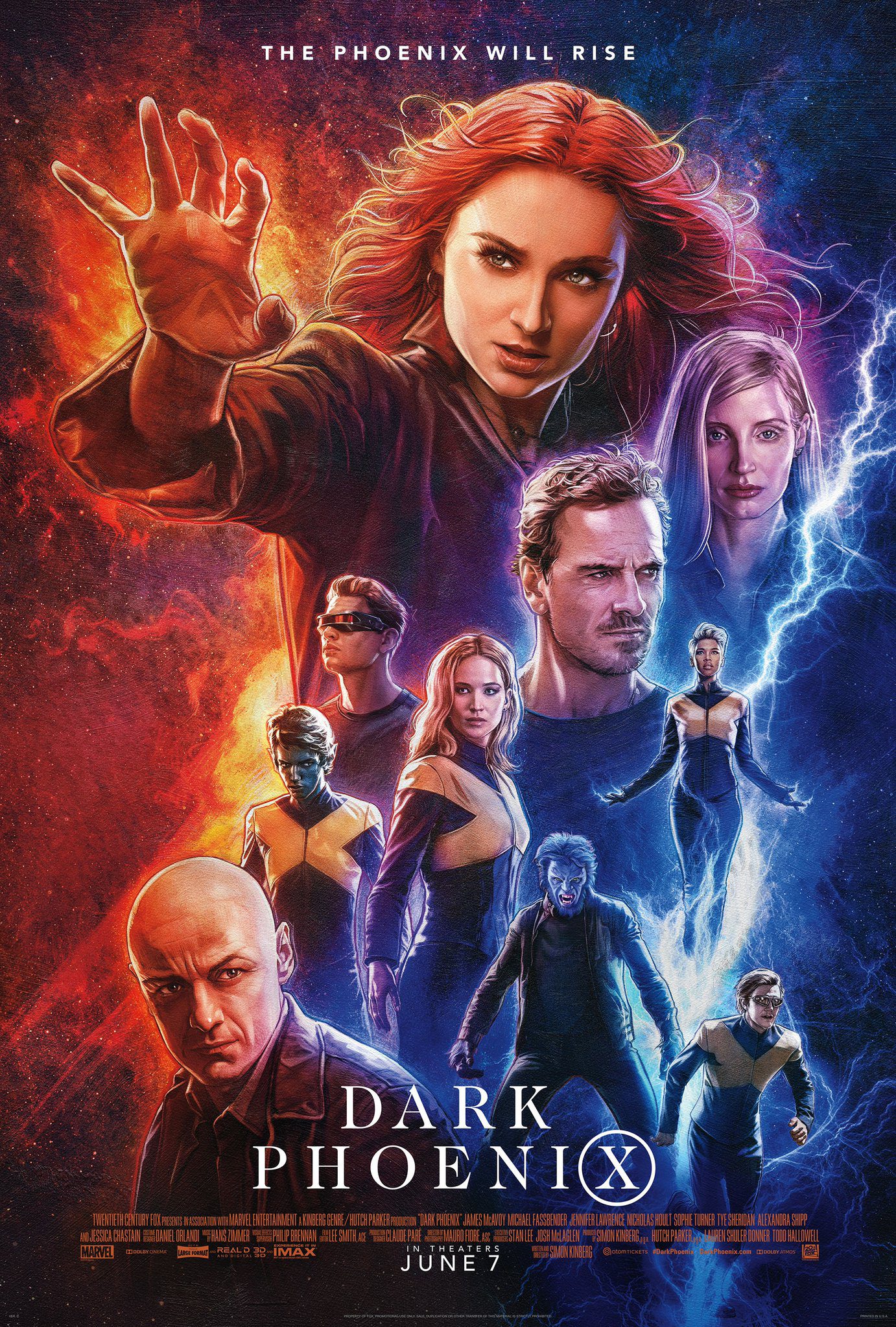 Filmposter van X-men: Dark Phoenix. In een tekenstijl staan de belangrijkste x-men afgebeeld. Linksboven is de kleur oranje/rood, rechtsonder blauw en de personages vormen een scheiding tussen deze kleuren.