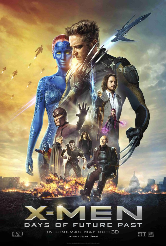 Poster van X-men: Days of future pastBoven een ontploffende stad torenen de X-men uit, met Wolverine en Mistique als grootste personen.