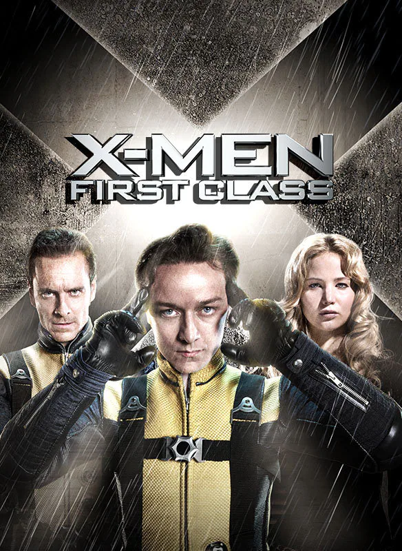 Filmposter van X-men: First Class. Op de grijze achtergrond is een uitsnede van een X zichtbaar. Daarvoor drie van de hoofdpersonages die je recht aankijken.