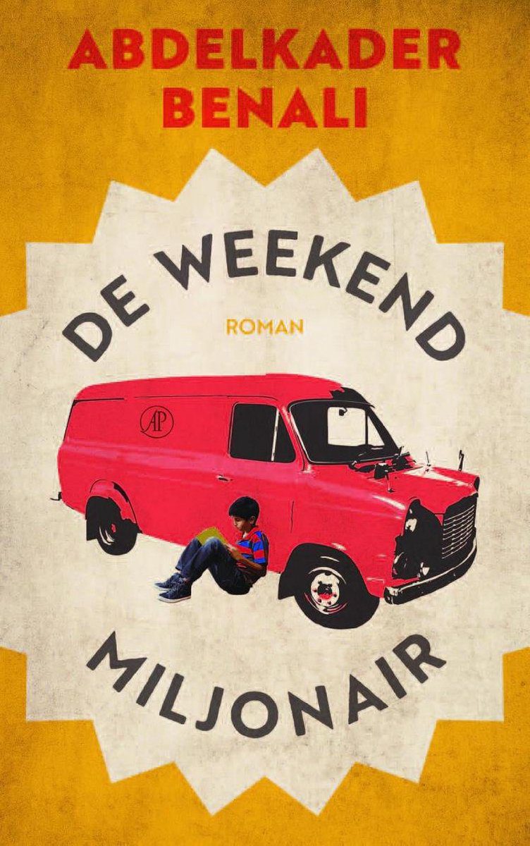 Kaft van de roman De Weekendmiljonair: een jongetje leest een boek, leunend tegen een oud rood busje.