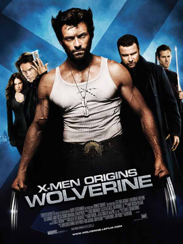 Filmposter van X-men origins: Wolverine. Vooraan staat Wolverine in een wit hemd met zijn klauwen uitgestoken, achter hem twee personages links en twee rechts.