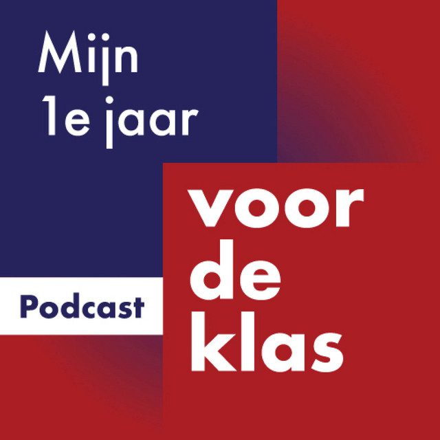 Logo van Mijn 1e jaar voor de klas: wijnrode achtergrond met linksboven een blauw vierkant en rechtsonder een wijnrood, met daarin de titel.