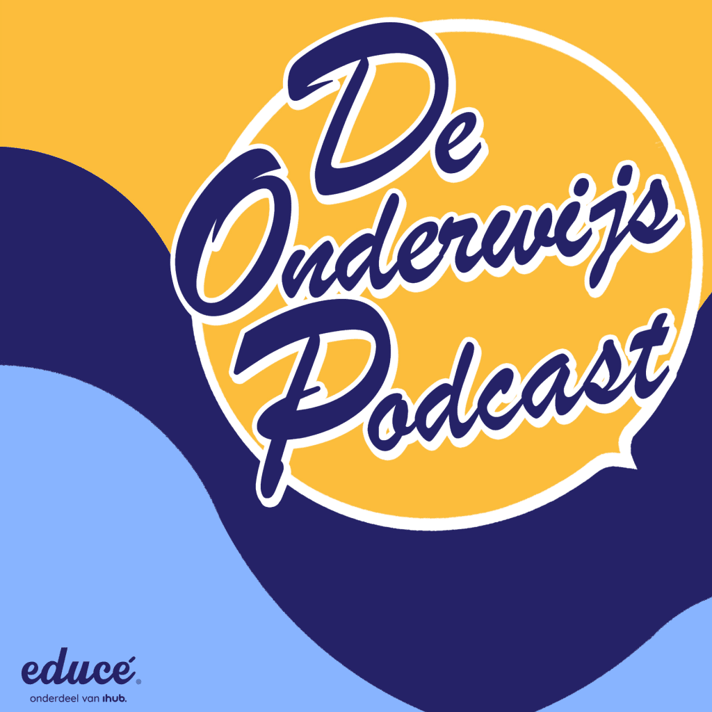 Logo van De Onderwijs Podcast: golvende vlakken lichtblauw, donkerblauw en geel, met daaroverheen een gele cirkel met de titel.