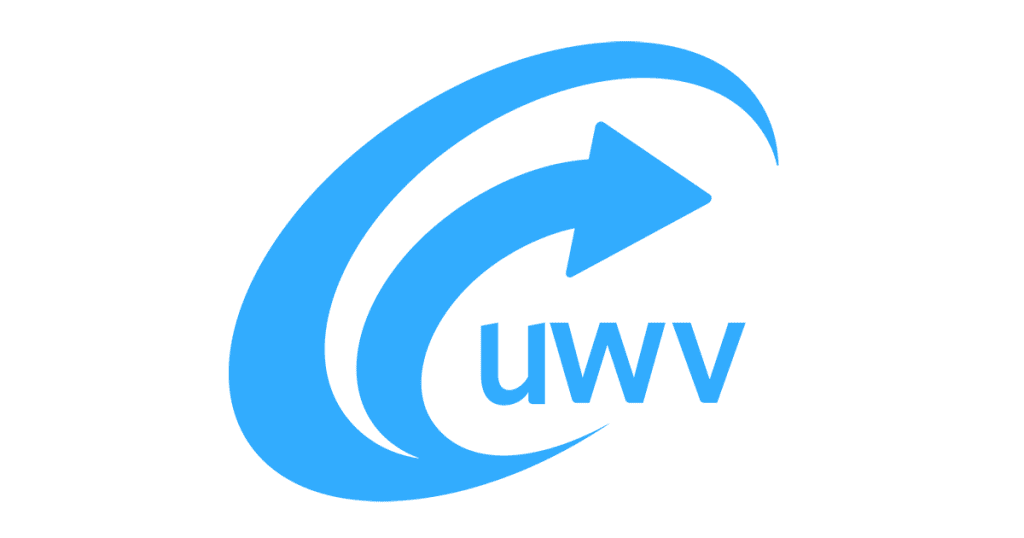 Het logo van het UWV, bestaande uit de letters UWV met een pijl en halve cirkel links eromheen. Dit alles in lichtblauw.