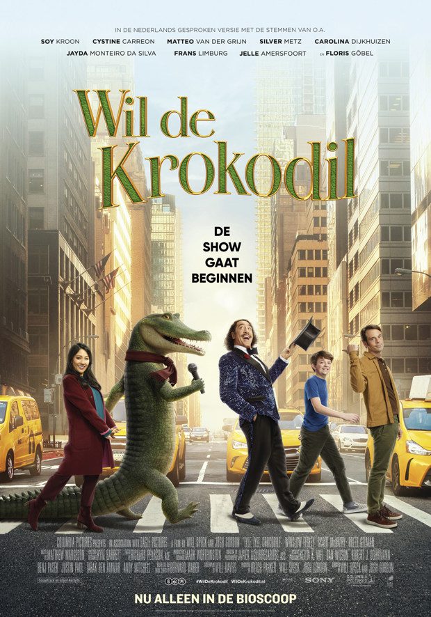 Filmposter van Wil de Krokodil waarop de hoofdrolspelers, inclusief een goochelaar met hoed en krokodil op twee poten met een microfoon een zebra in New York oversteekt tussen de taxi's en hoge gebouwen.