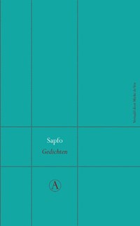 Kaft van het boek Gedichten van Sappho. Eenvoudige turquoise kaft met enkele zwarte lijntjes, titel in zwart en auteur in wit.