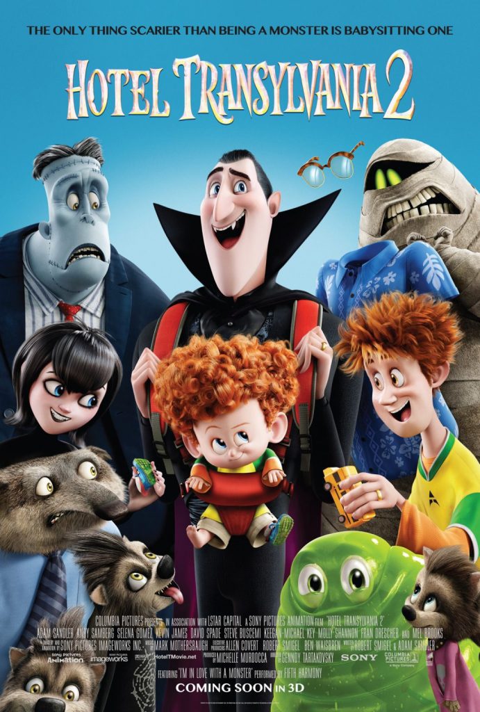 Poster van Hotel Transylvania 2 met daarop de belangrijkste personages in 3D-animatievorm weergegeven.