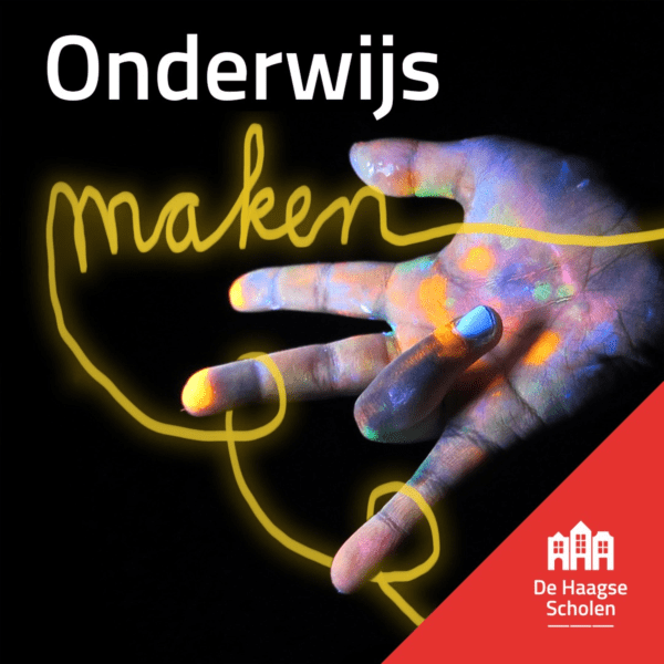 Logo van Onderwijs maken: een veelkleurige hand waaromheen een gele draad is gewikkeld die het woord Maken vormt, daarboven in wit het woord Onderwijs. 