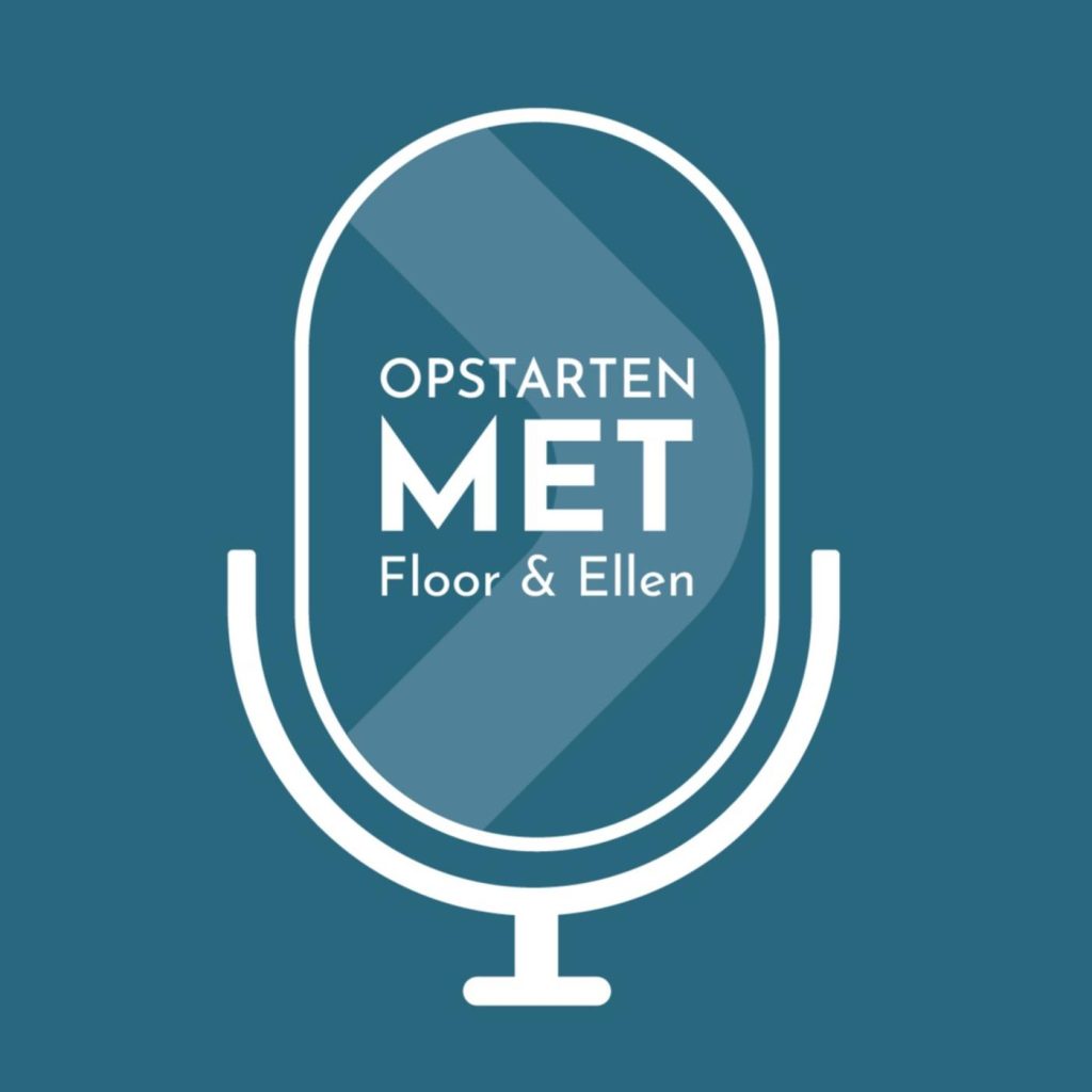 Logo van Opstarten met Floor & Ellen: grijsblauwe achtergrond met een witte buitenlijn van een podcastmicrofoon en daarin de titel.