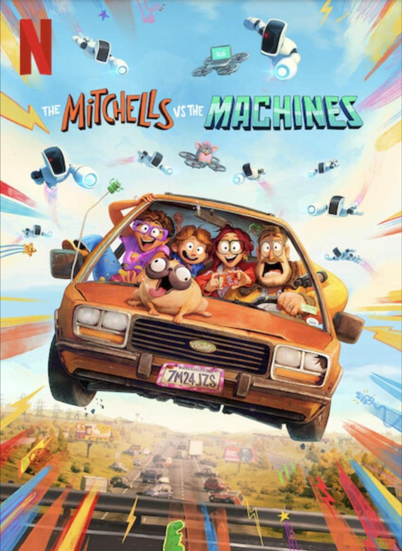 Poster van De Mitchells tegen de Machines waarin een auto met het gezin Mitchell door de lucht vliegt in een omgeving me felgekleurde strepen.