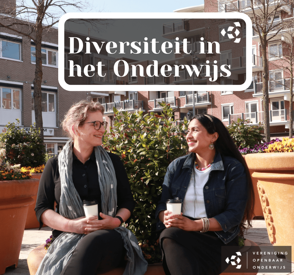 Logo van Diversiteit in het onderwijs: twee vrouwen op een bankje met een beker koffie in gesprek met elkaar.