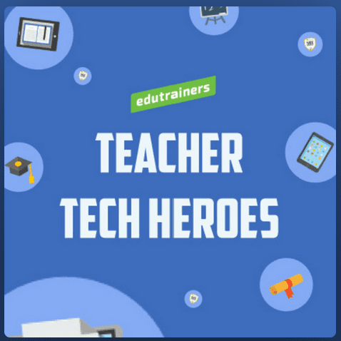 Logo van Teacher Tech Heroes: blauwe achtergrond met lichtblauwe cirkels met daarin telkens een icoon dat te maken heeft met technologie en onderwijs.