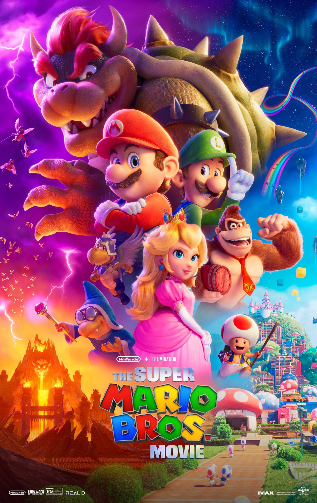 Poster van The Super Mario Bros. Movie met daarop alle bekende karakters van Nintendo in een stoere houding: Mario, Luigi, Peach, Donkey Kong en Bowser o.a.