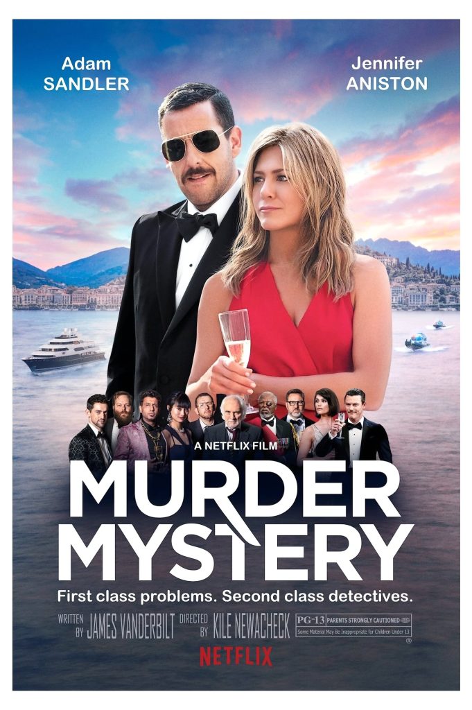 Poster van Murder Mystery met Jennifer Aniston en Adam Sandler in avondkleding.